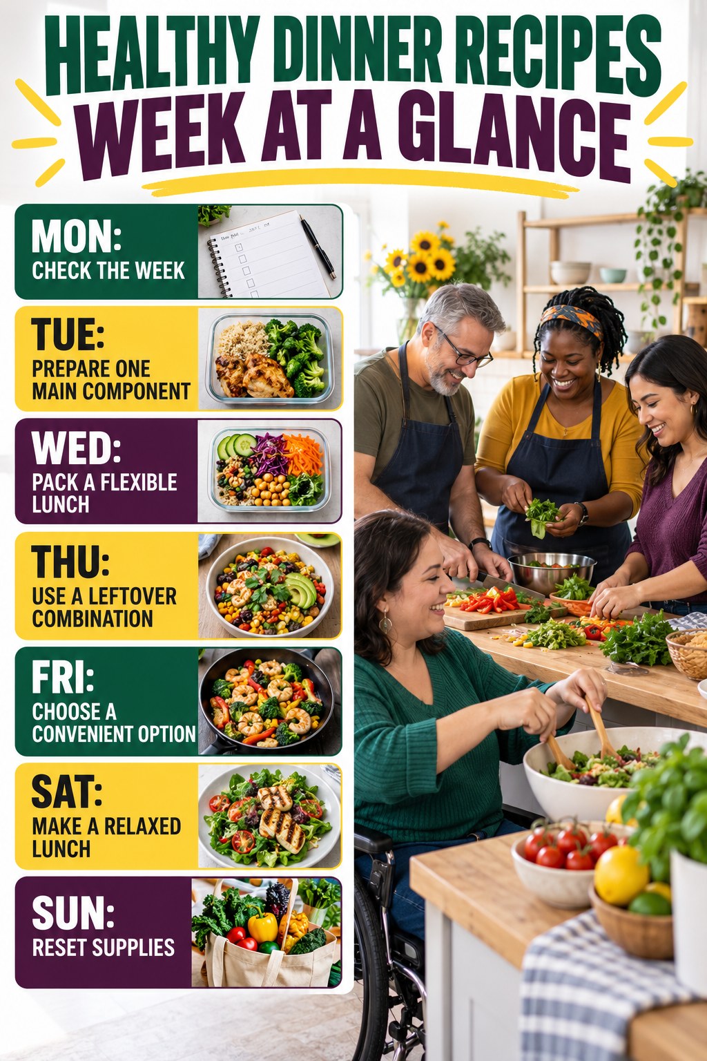 Weekly Healthy Dinner Recipes plan graphic with concise Monday-to-Sunday actions and flexible recovery guidance.