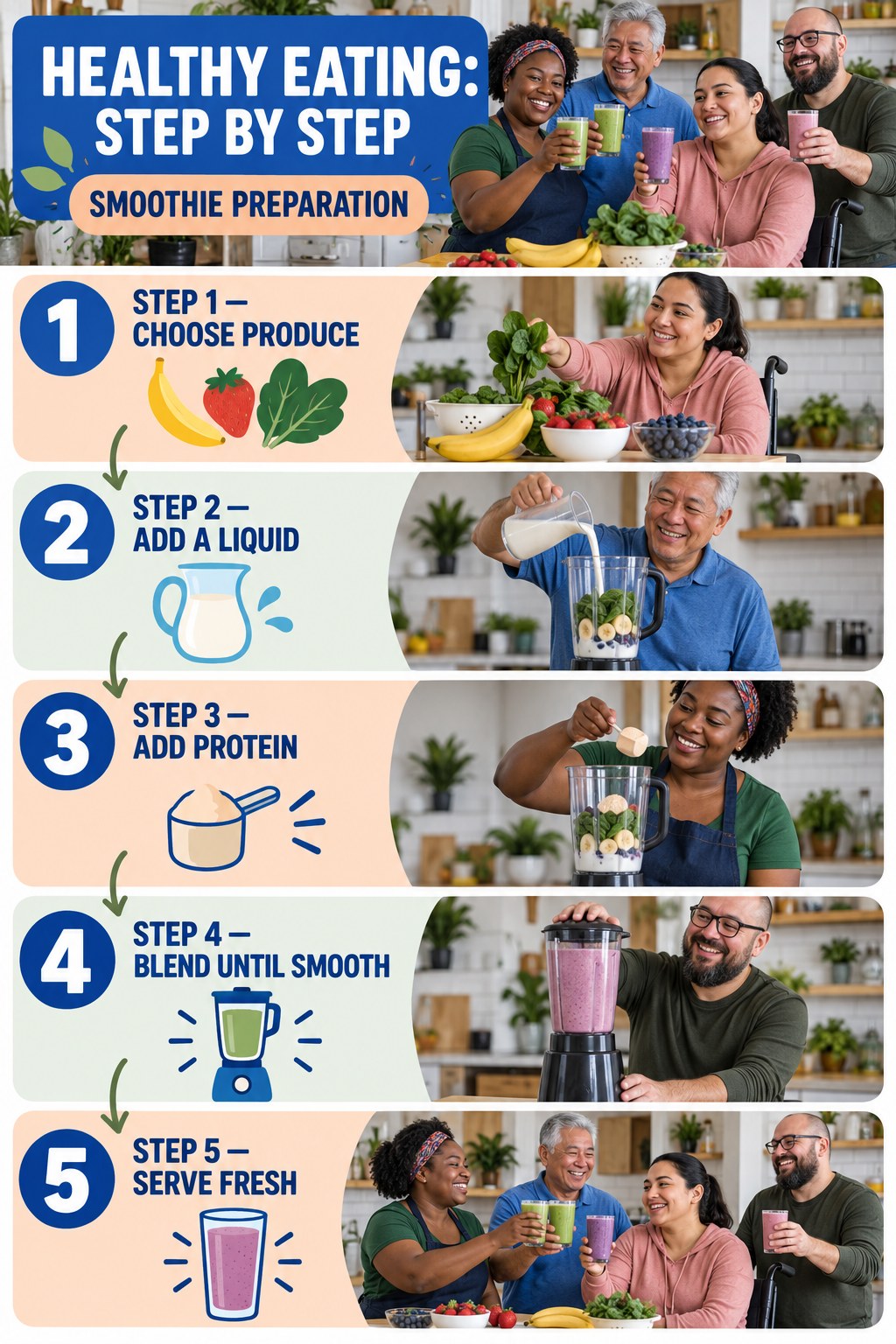 Healthy Eating step-by-step graphic showing five numbered stages for smoothie preparation.