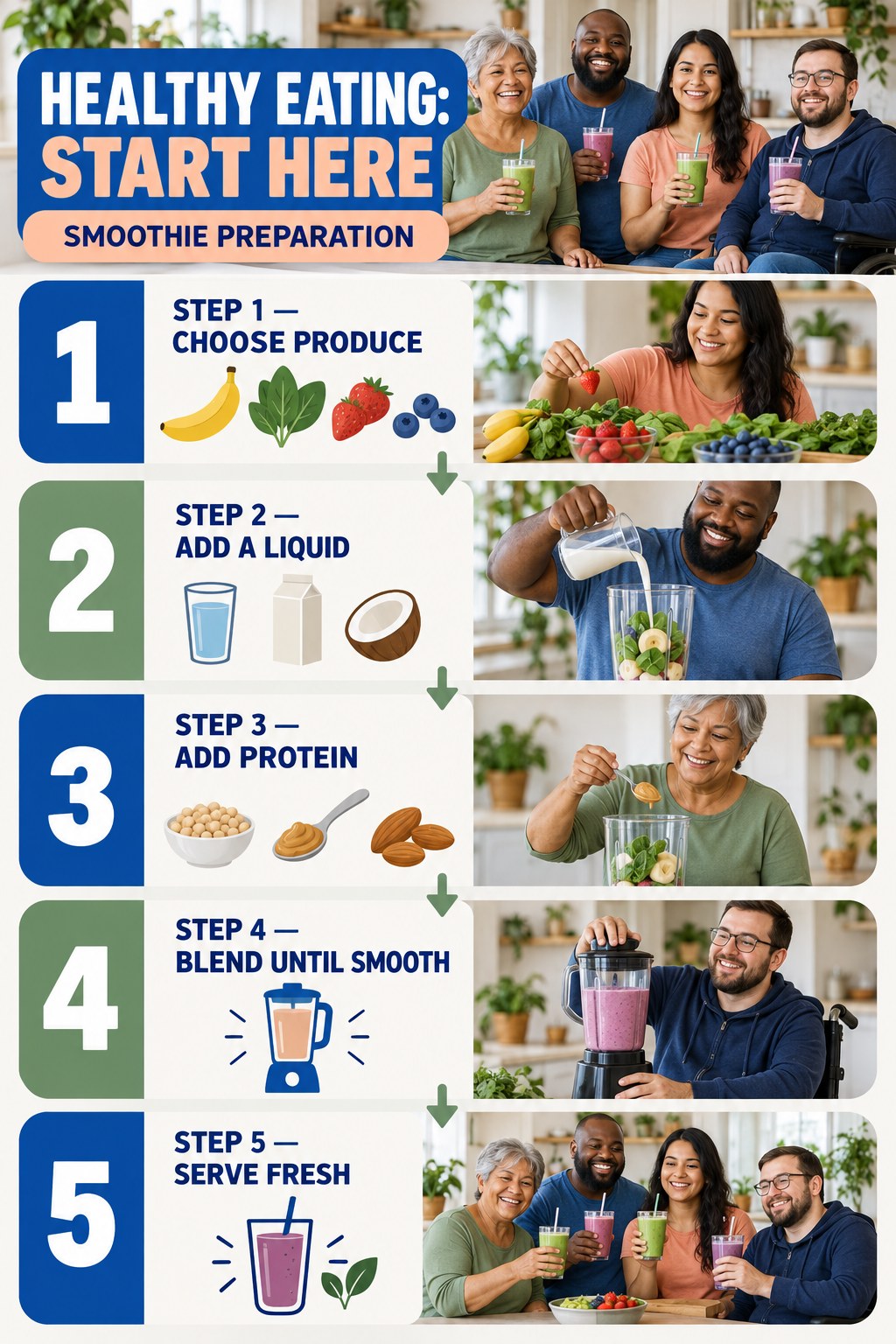 Healthy Eating beginner guide graphic showing five manageable stages for smoothie preparation.