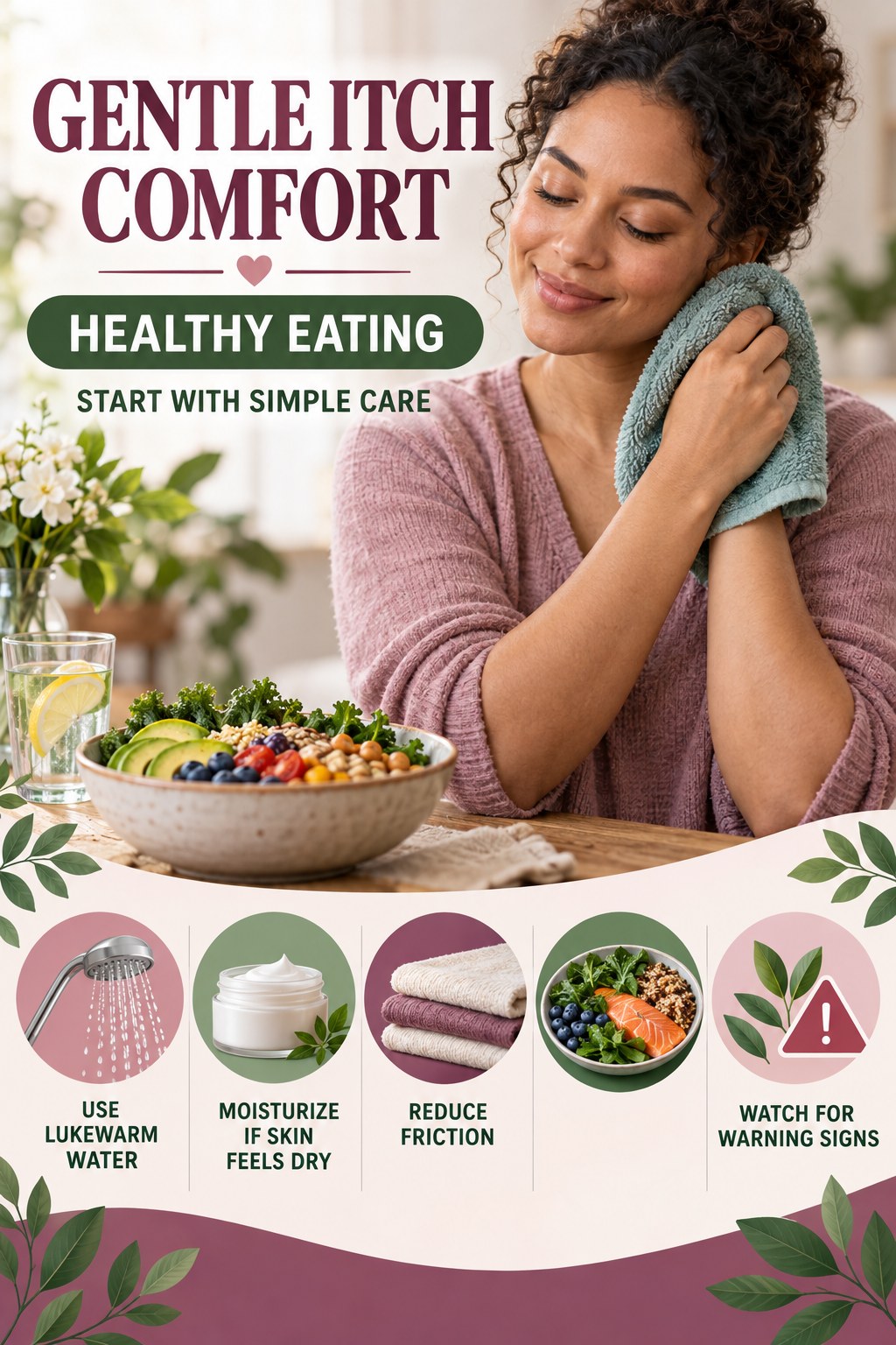 Beginner Skin Comfort Checklist infographic for Healthy Eating with five gentle itchy-skin comfort strategies and a non-diagnostic safety focus.