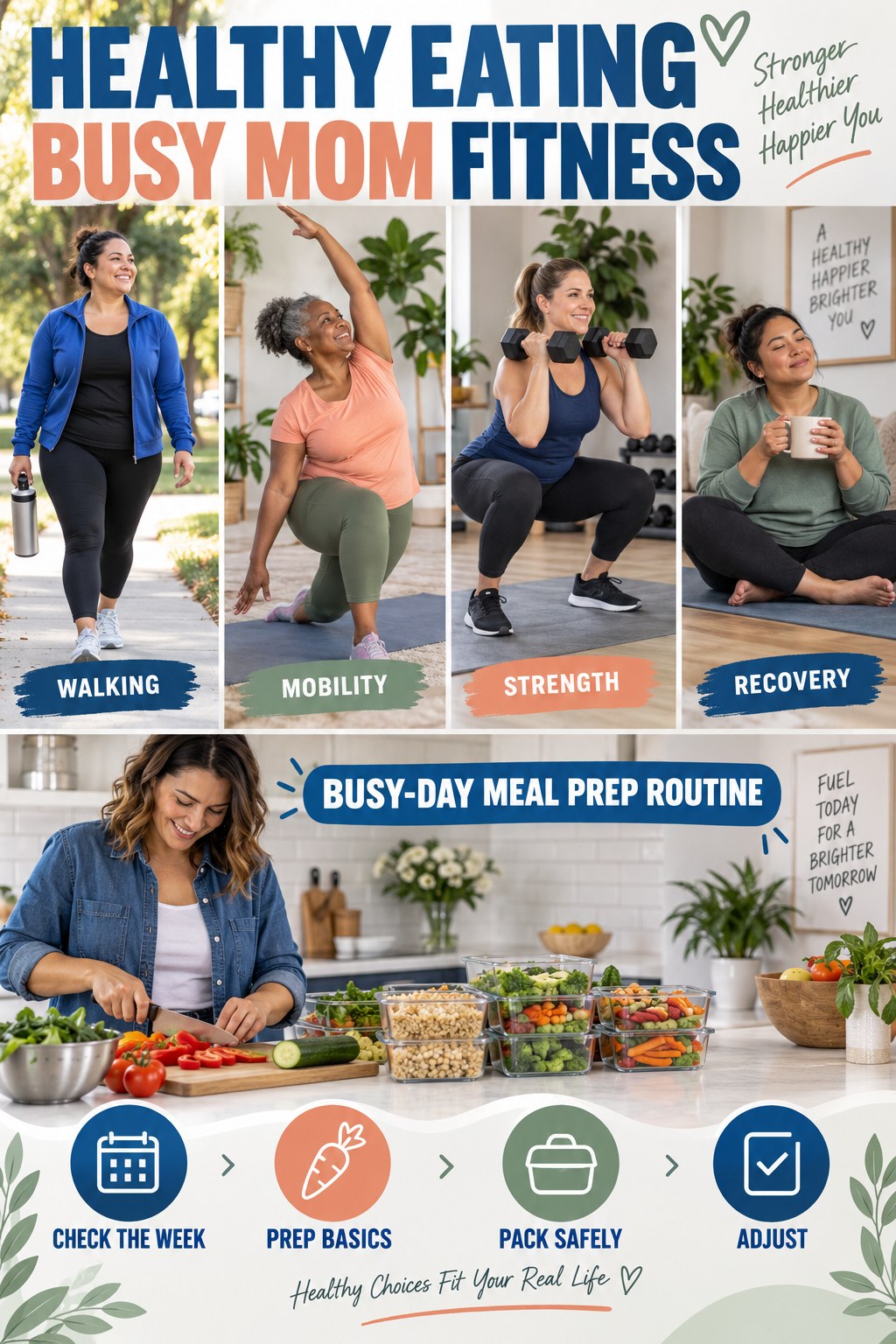 Healthy Eating busy-mom fitness graphic titled Busy-Day Meal Prep Routine with four practical movement prompts.