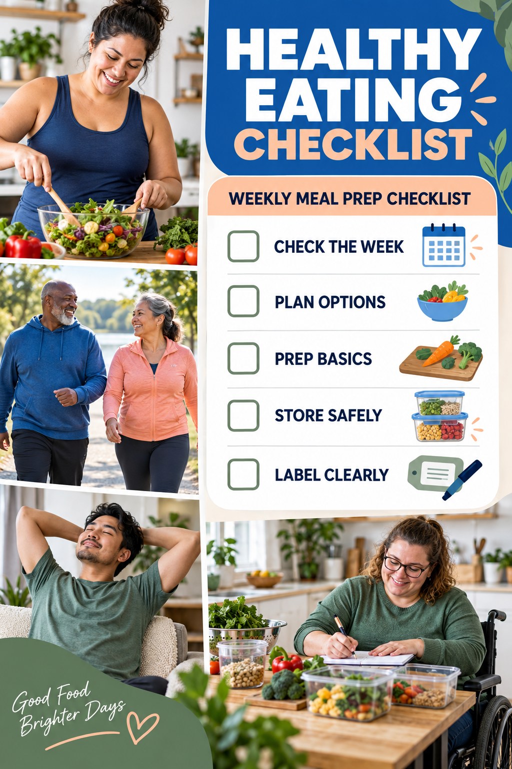 Healthy Eating checklist graphic titled Weekly Meal Prep Checklist with five clear practical wellness items.