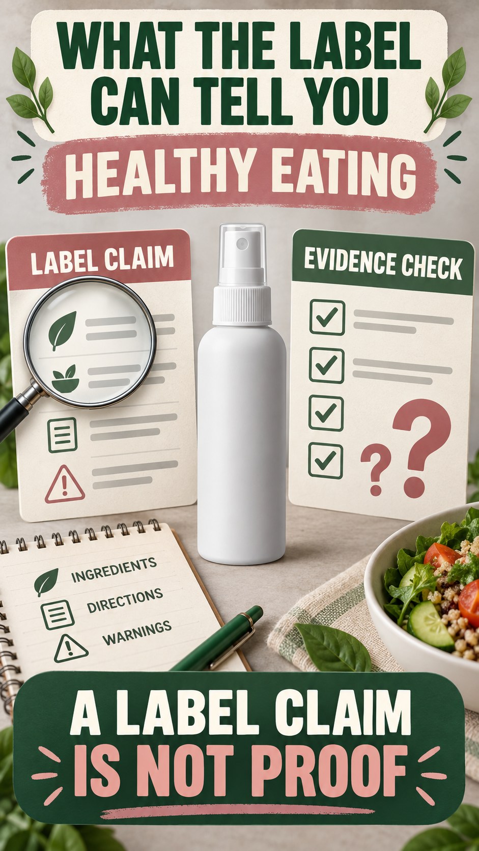 Claim Versus Evidence Review infographic for Healthy Eating, showing a generic spray-label checklist that separates available facts, missing details, and evidence questions.