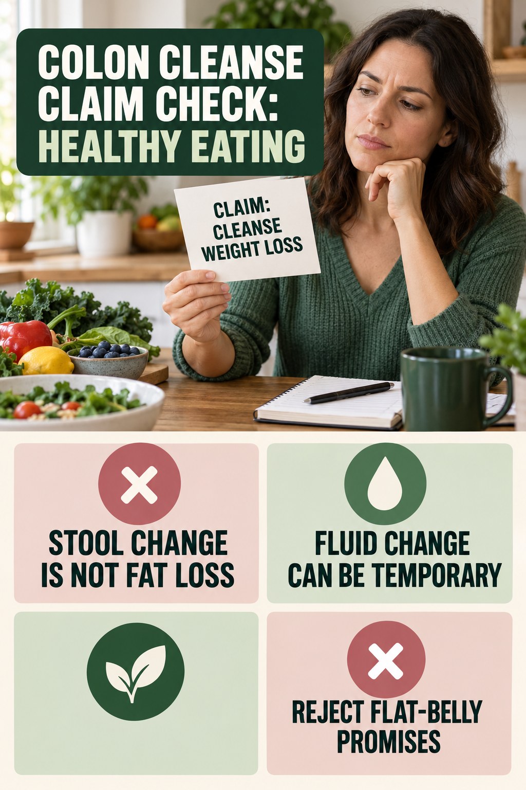 Weight-Loss and Flat-Belly Claims infographic for Healthy Eating, separating a colon-cleanse marketing claim from evidence, reasonable conclusions, and safety context.