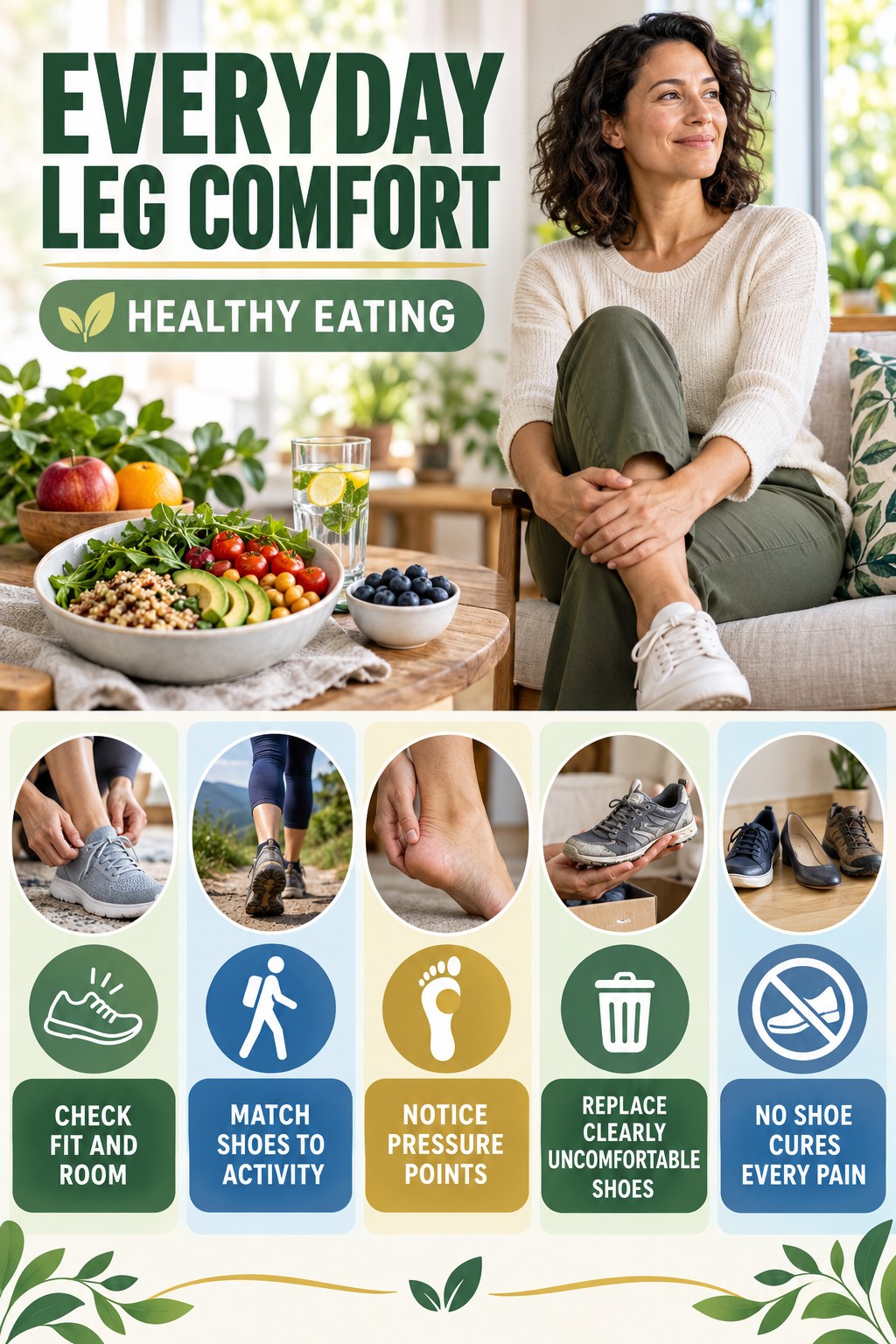 Comfortable Footwear Awareness infographic for Healthy Eating with five gentle movement, position, footwear, recovery, or safety actions.