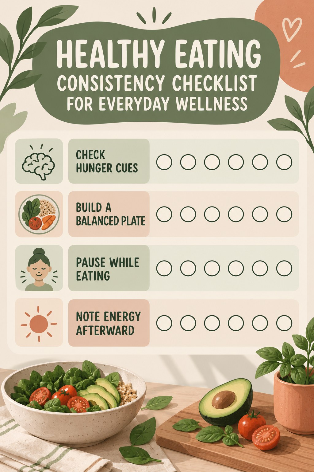 Healthy Eating Consistency Checklist for Everyday Wellness infographic with checkboxes for check hunger cues, build a balanced plate, pause while eating, note energy afterward.