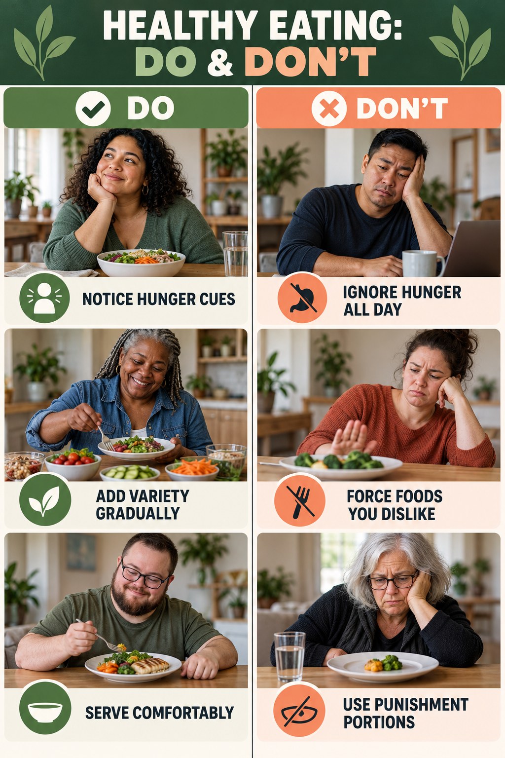 Healthy Eating Do and Don’t comparison graphic showing three practical behavior pairs for busy-day meals.
