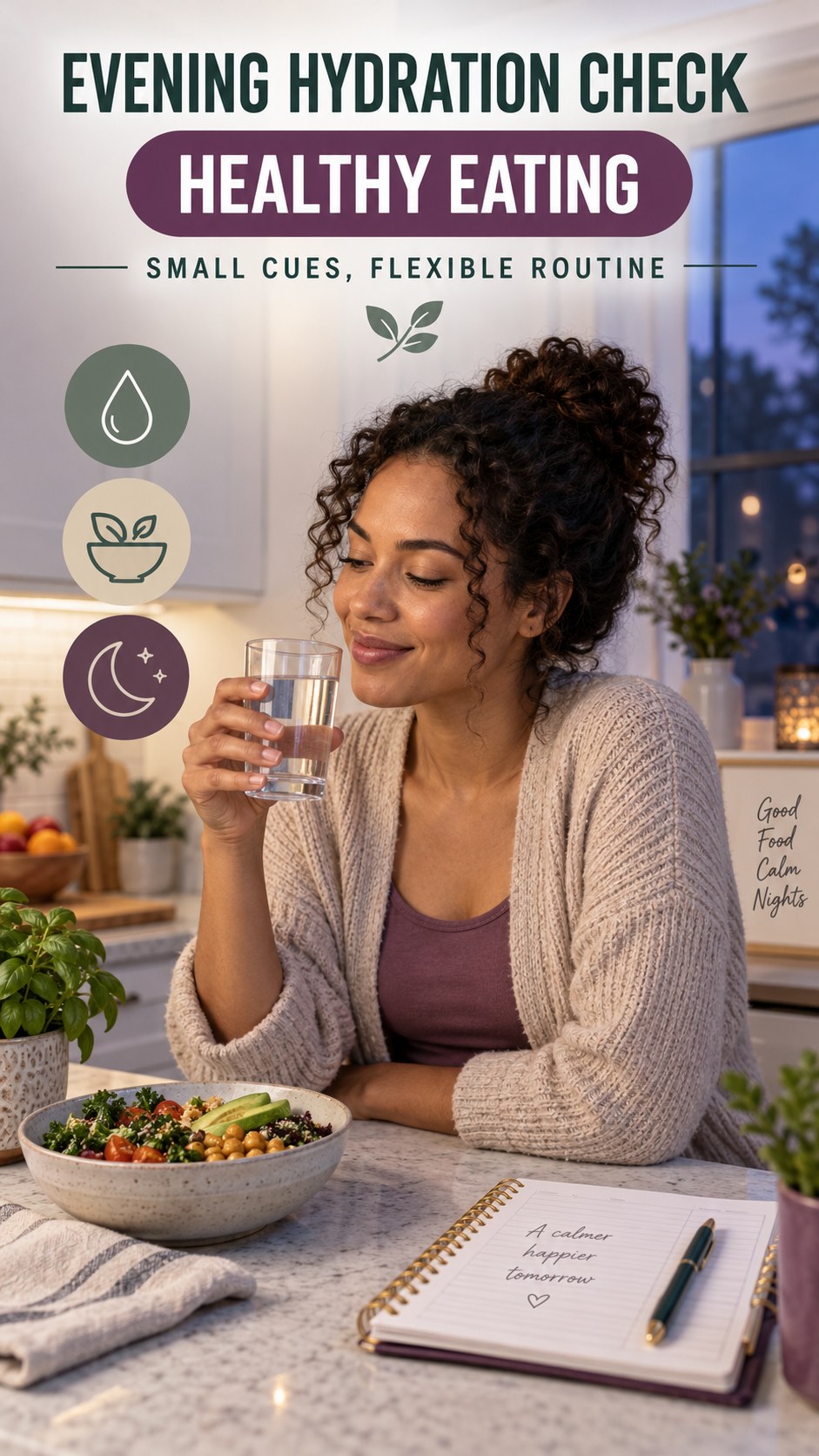 Evening Hydration Awareness infographic for Healthy Eating, showing a flexible and calming evening wellness routine.