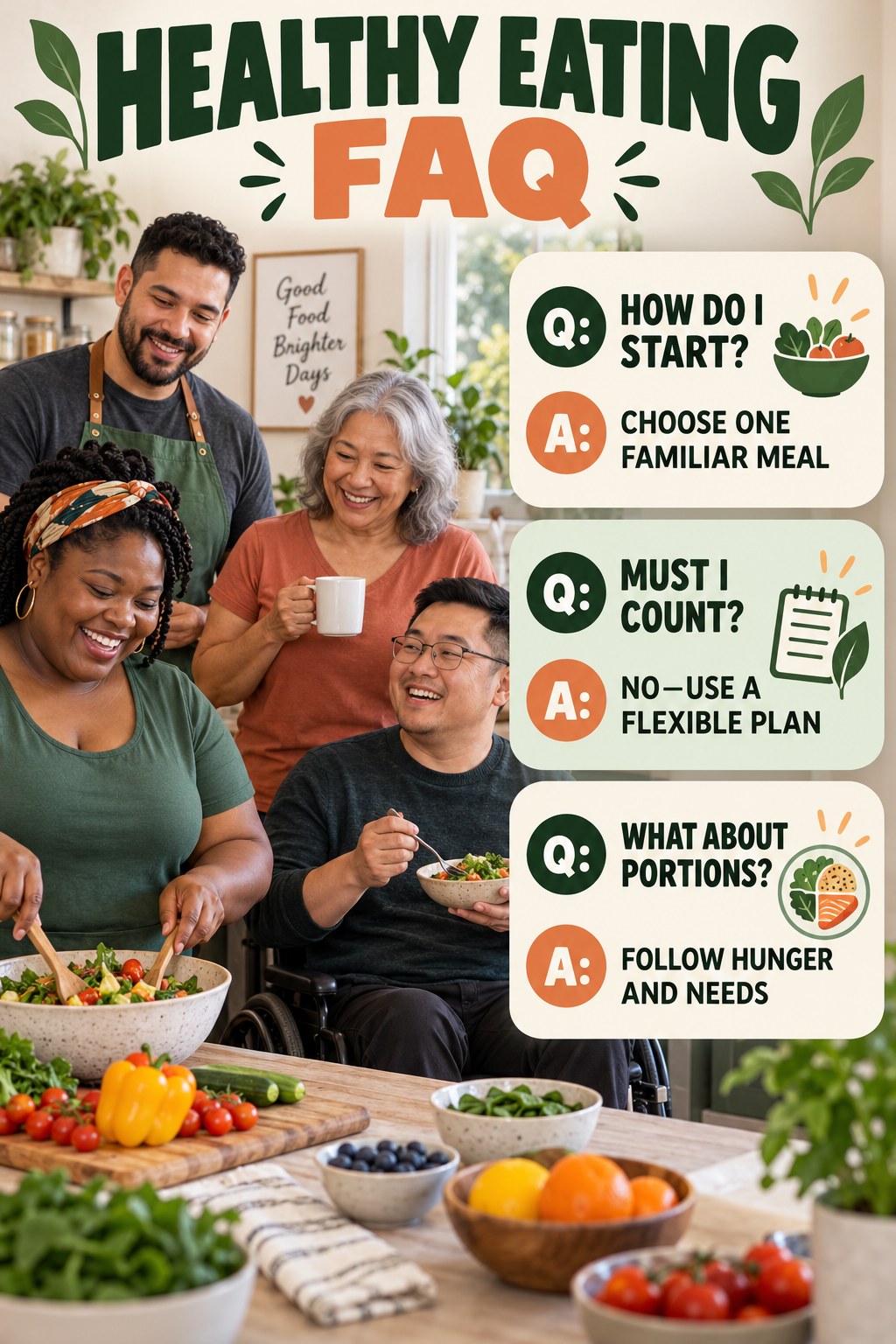 Healthy Eating FAQ graphic with three concise questions and practical answers for beginners.