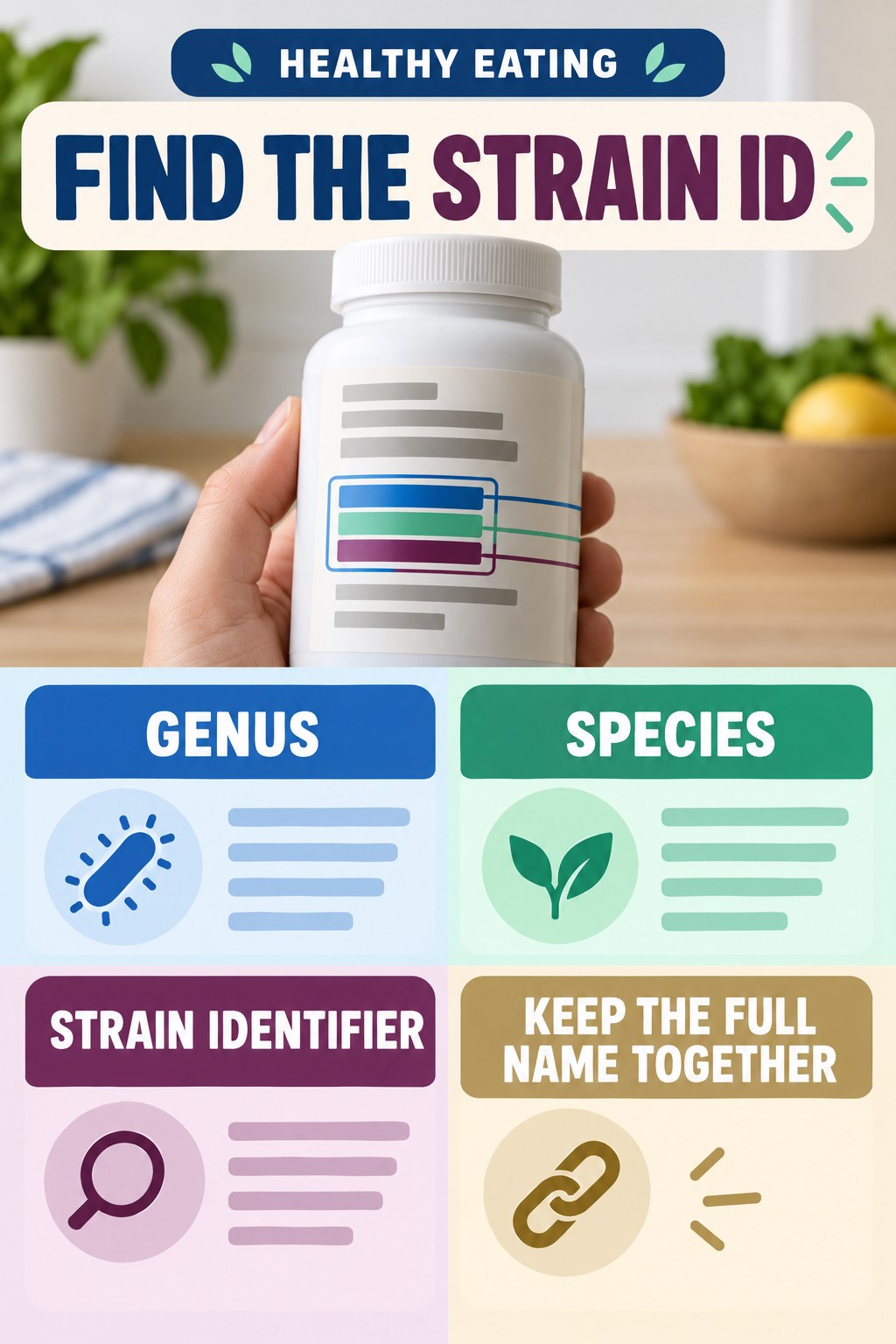 Find the Strain Identifier on a Probiotic Label infographic for Healthy Eating with four concise probiotic-label reading points.