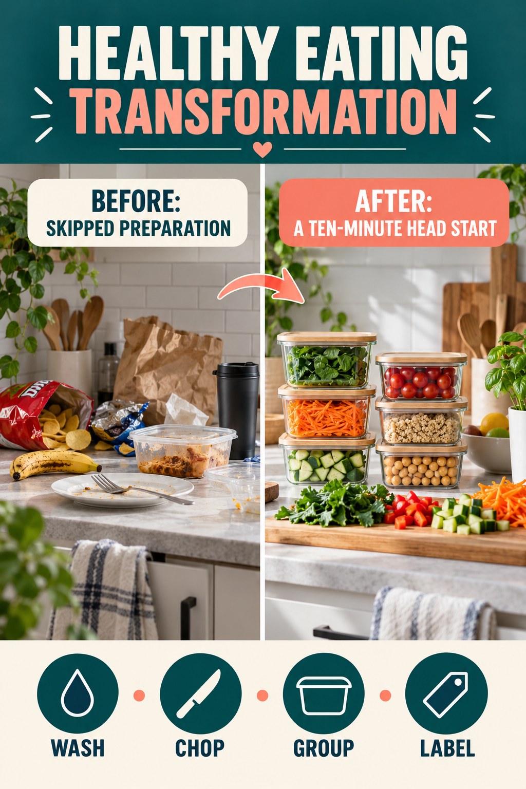 Healthy Eating habit transformation graphic comparing skipped preparation with a ten-minute head start using four practical steps.