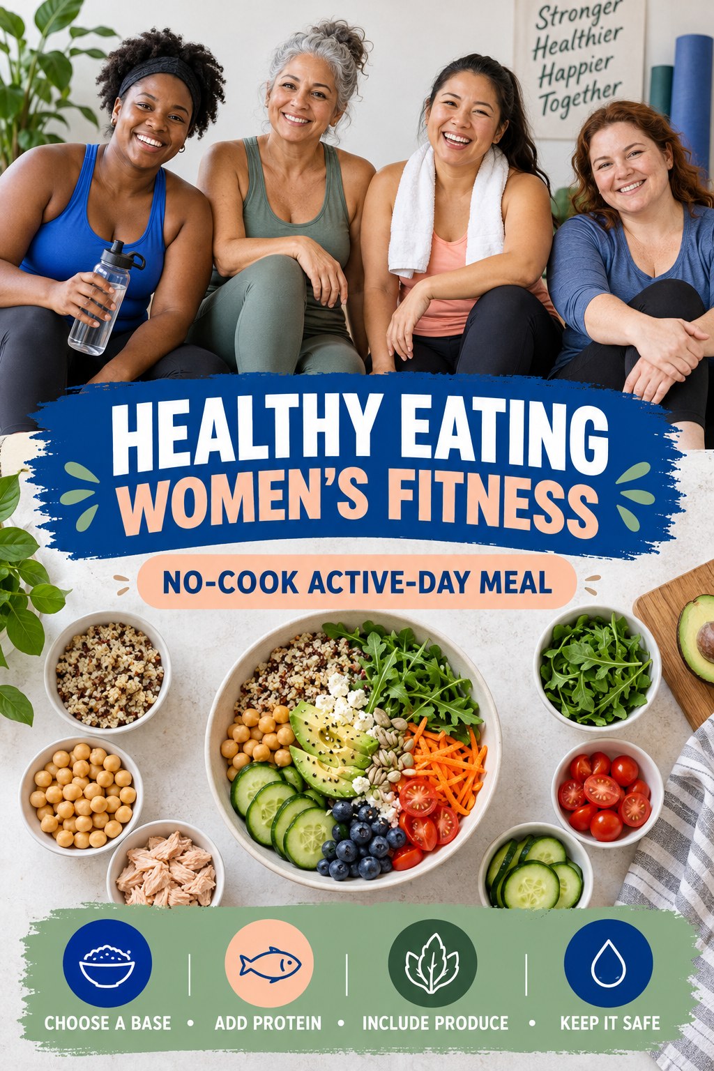 Healthy Eating women’s fitness graphic titled No-Cook Active-Day Meal with four practical training prompts.