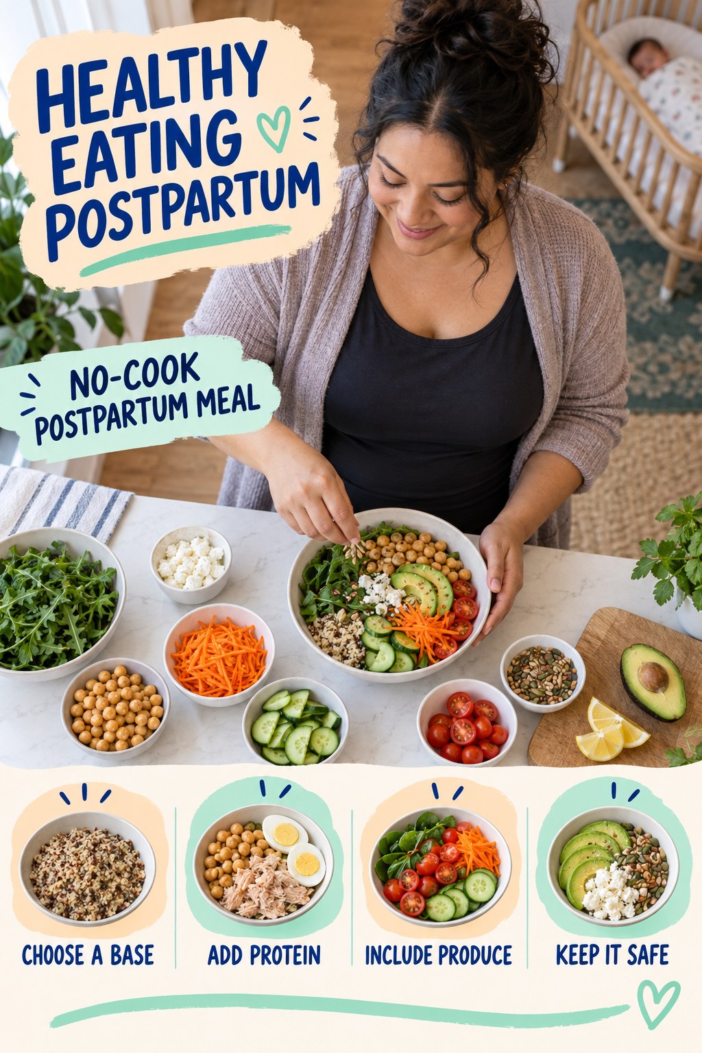 Healthy Eating postpartum graphic titled No-Cook Postpartum Meal with four gradual recovery-aware prompts.