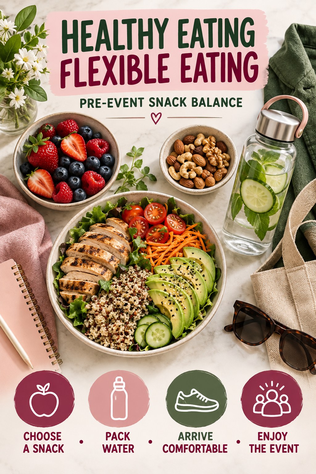 Healthy Eating flexible eating graphic titled Pre-Event Snack Balance with four practical balance prompts.