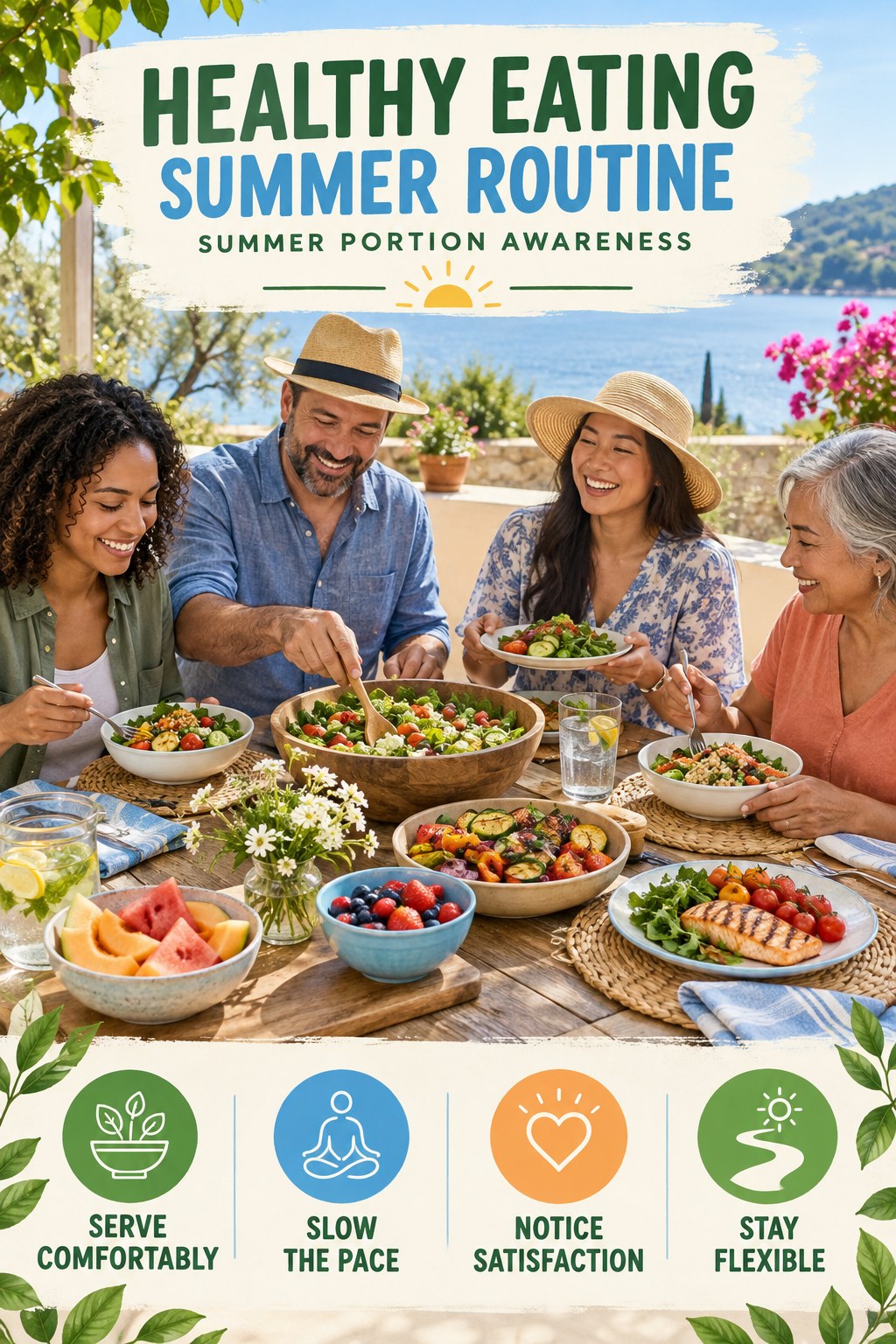 Healthy Eating summer routine graphic titled Summer Portion Awareness with four practical wellness prompts.