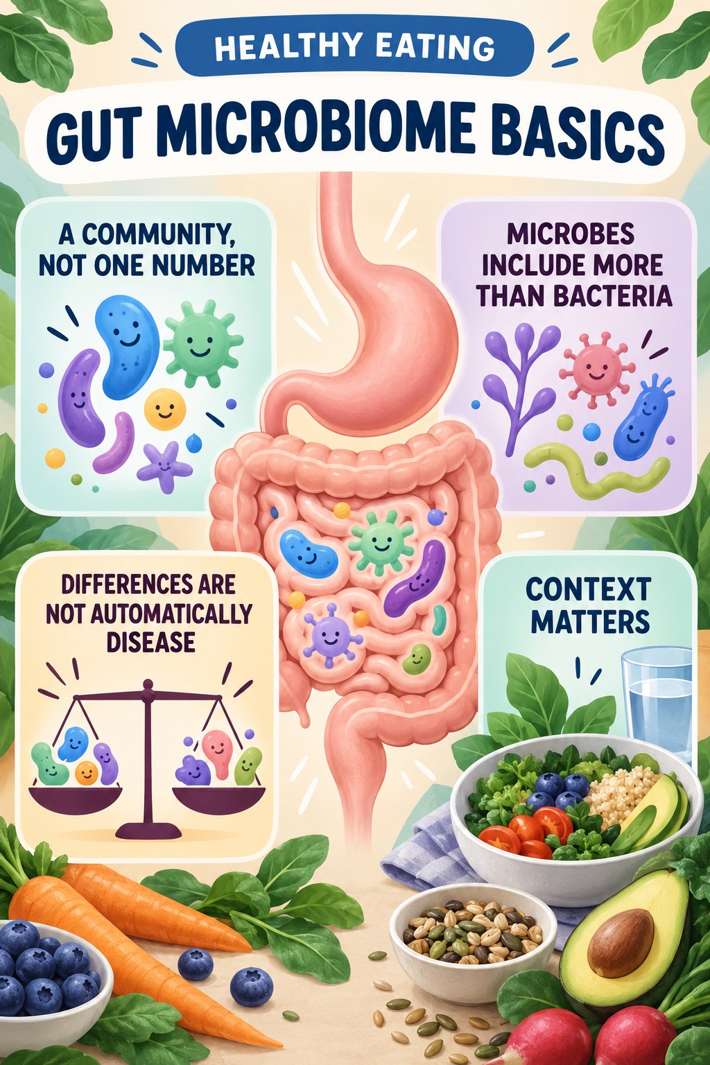 Gut Microbiome Basics Without a Perfect Score educational infographic for Healthy Eating with four evidence-aware points.