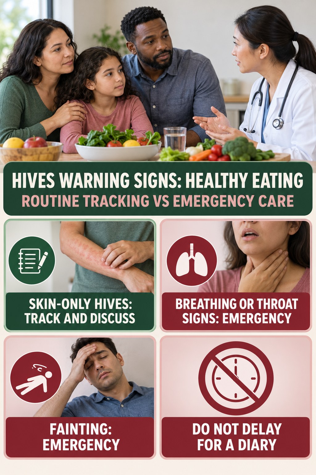 Routine Tracking vs Emergency Care infographic for Healthy Eating, highlighting urgent breathing, throat, swelling, fainting, and rapid-progression warning signs without diagnosing hives.