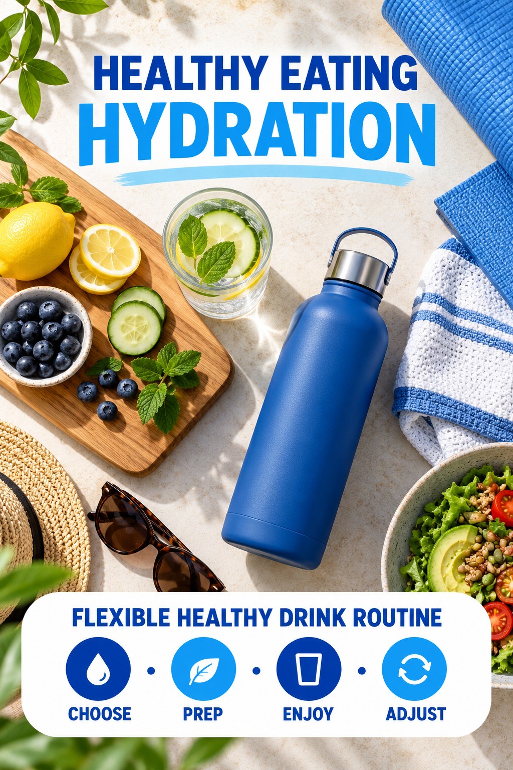 Healthy Eating hydration graphic titled Flexible Healthy Drink Routine with four flexible water-habit prompts and no fixed intake target.