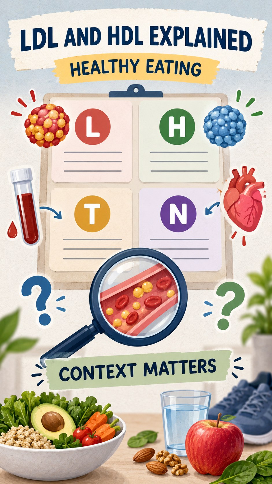 LDL and HDL Context Guide infographic for Healthy Eating, using a non-numerical educational lipid-panel layout with question and context icons.