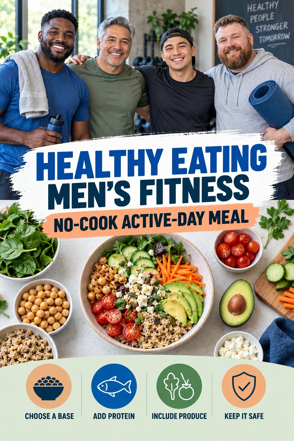 Healthy Eating men’s fitness graphic titled No-Cook Active-Day Meal with four practical training prompts.