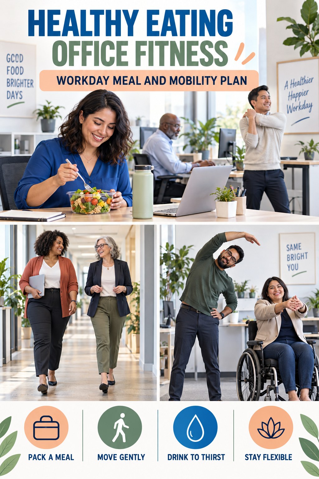 Healthy Eating office-fitness graphic titled Workday Meal and Mobility Plan with four practical workday movement prompts.
