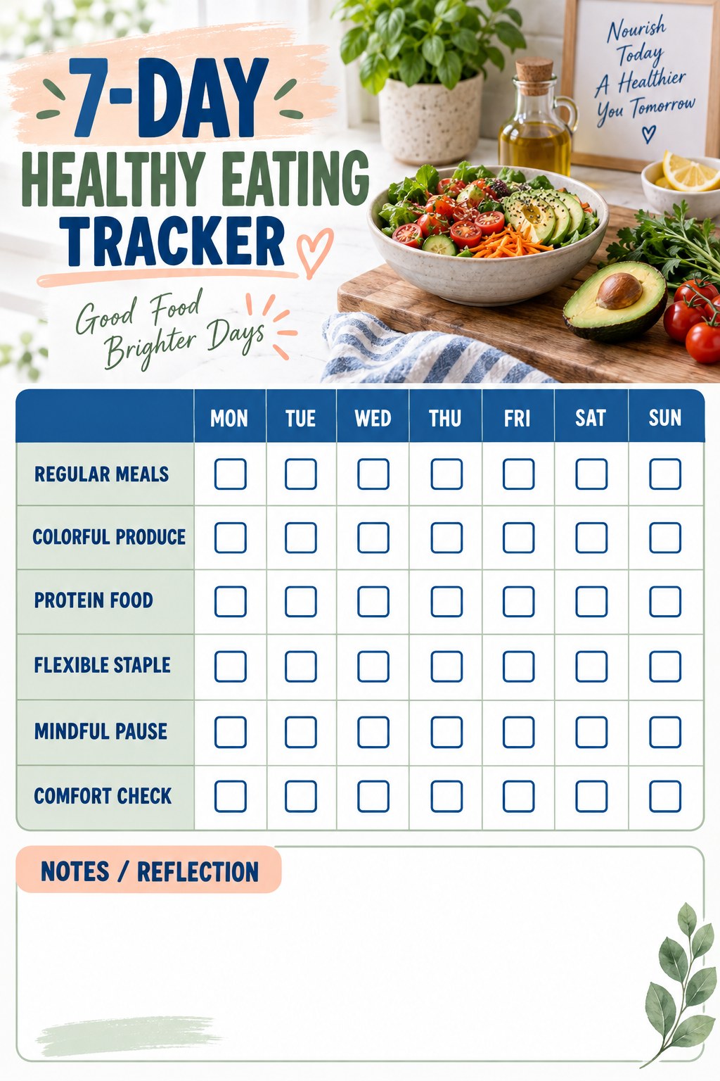 7-Day Healthy Eating printable-style tracker graphic with six labeled rows, empty checkboxes, and a reflection area.