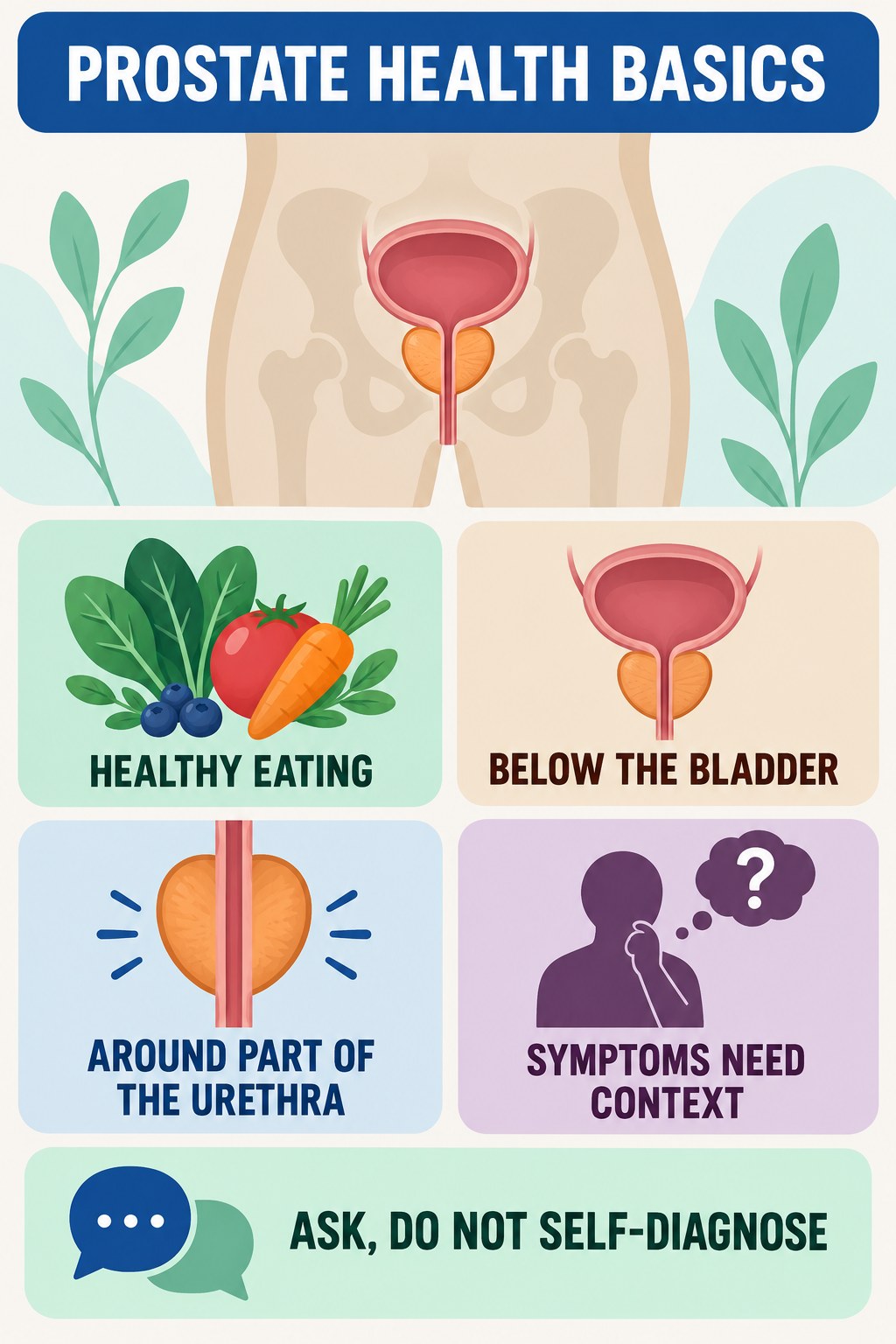 Prostate Anatomy Without Myths infographic for Healthy Eating with four concise prostate-health awareness points.