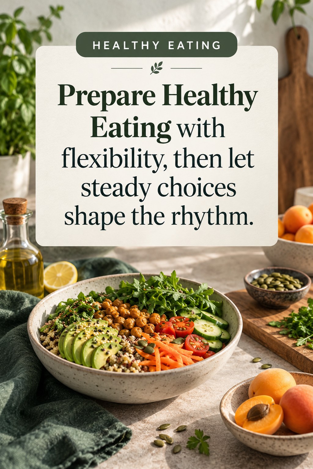 Original Healthy Eating quote graphic reading “Prepare Healthy Eating with flexibility, then let steady choices shape the rhythm.” in a board-relevant editorial design.