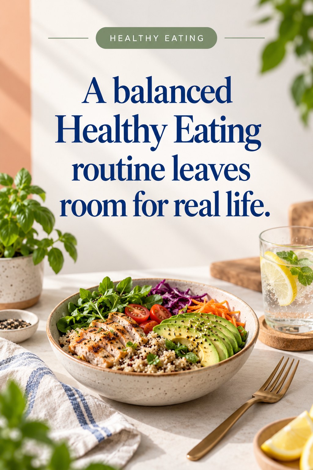 Original Healthy Eating quote graphic reading “A balanced Healthy Eating routine leaves room for real life.” in a board-relevant editorial design.