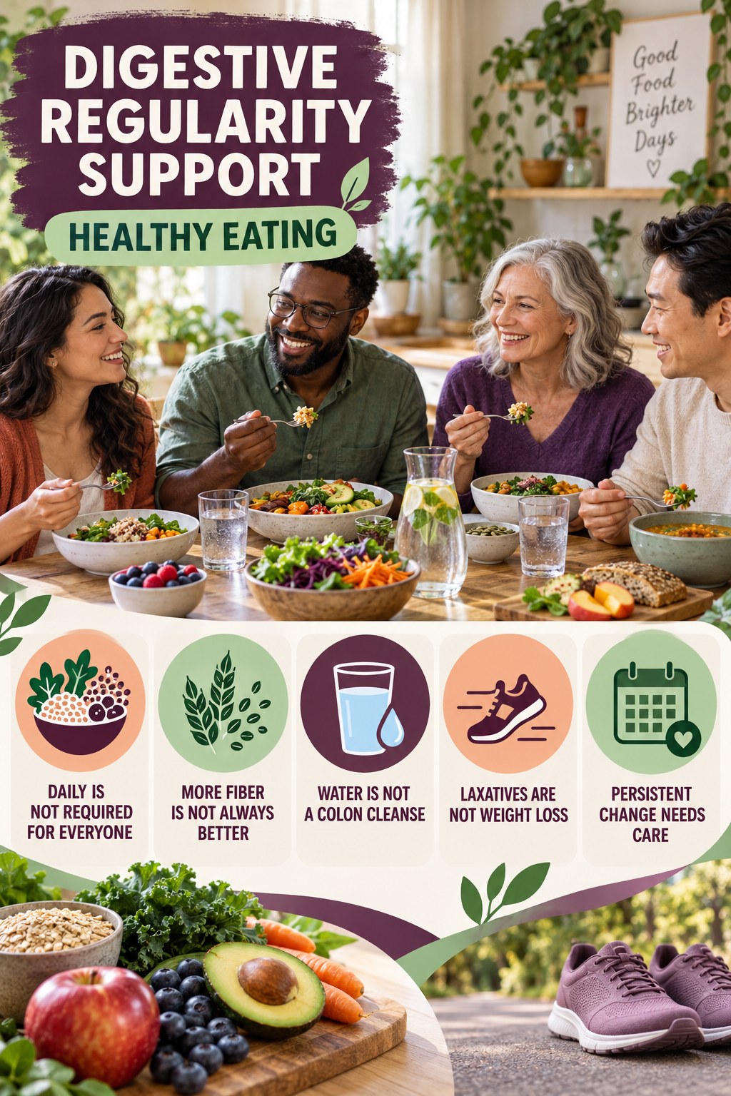 Regularity Myths and Facts infographic for Healthy Eating with five practical food, hydration, movement, or routine actions and no cleanse claims.