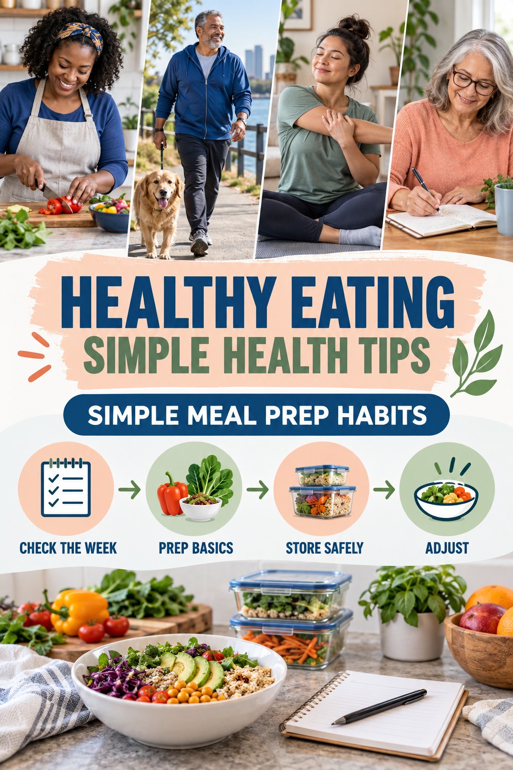 Healthy Eating simple-health graphic titled Simple Meal Prep Habits with four practical wellness prompts.