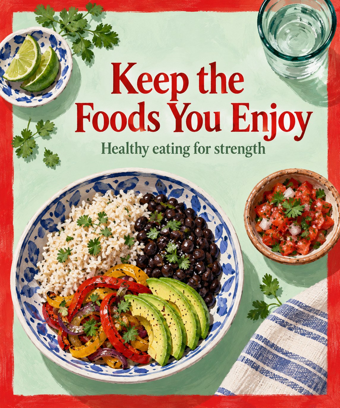 Colorful illustrated table with rice, beans, vegetables, and sauces under a healthy eating headline.