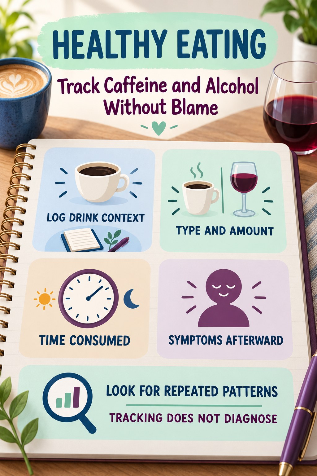 Track Caffeine and Alcohol Without Blame urinary symptom tracking infographic for Healthy Eating with four practical diary points and a non-diagnostic reminder.