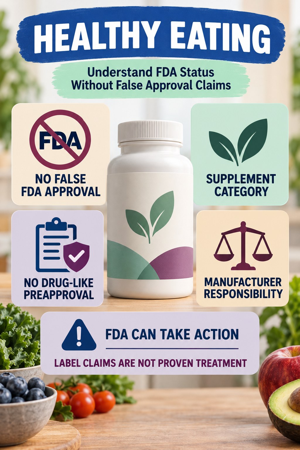Understand FDA Status Without False Approval Claims prostate supplement label-literacy infographic for Healthy Eating with four careful reading points.