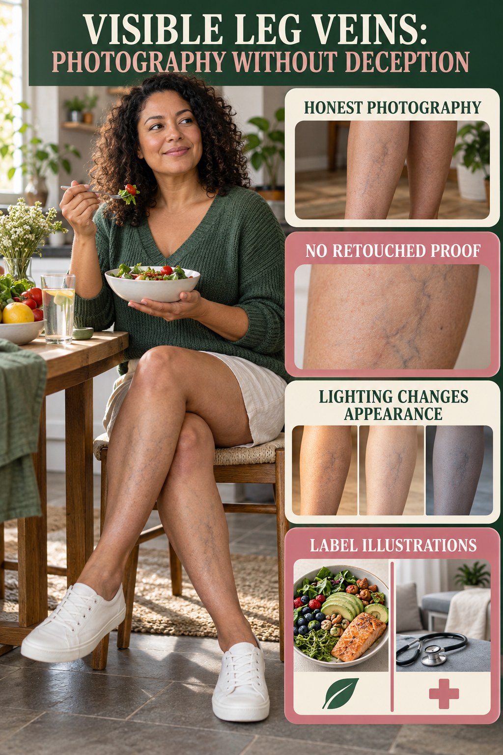 Photography Without Deception infographic for Healthy Eating, showing body-neutral visible-leg-vein appearance care and the boundary between temporary cosmetic support and treatment.