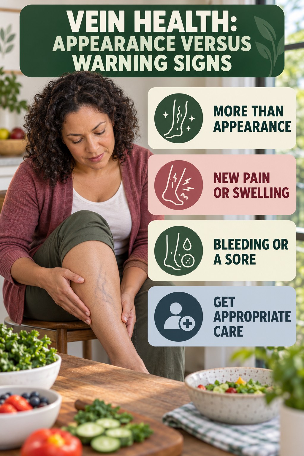 Appearance Versus Warning Signs infographic for Healthy Eating, explaining vein-health warning signs and the appropriate next action without diagnosing a condition.