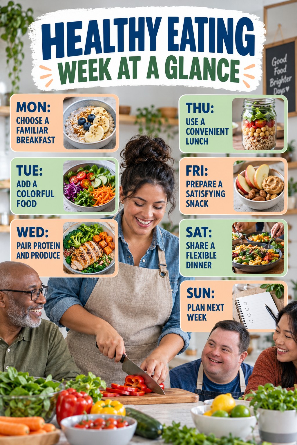 Weekly Healthy Eating plan graphic with concise Monday-to-Sunday actions and flexible recovery guidance.