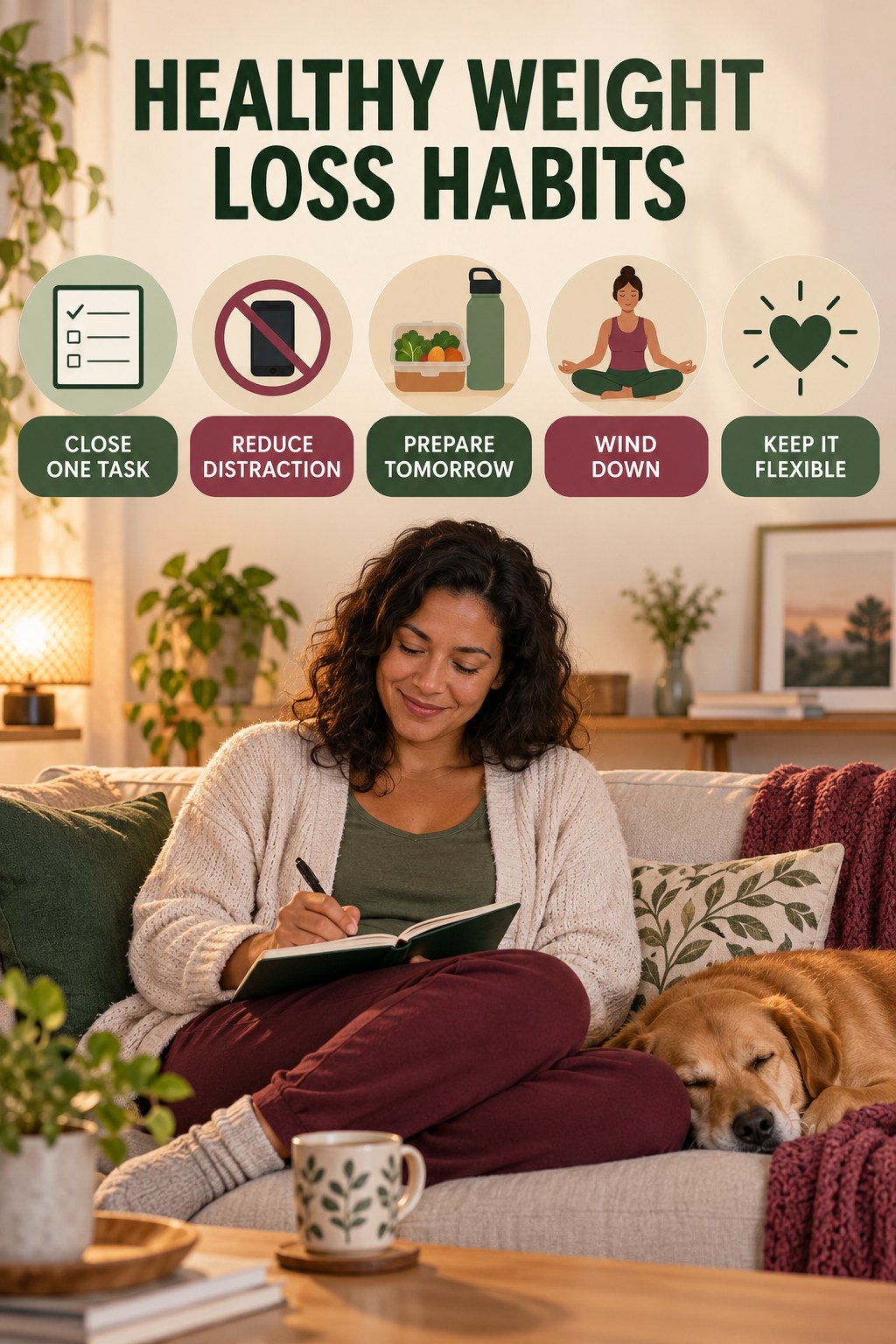 Healthy Evening Habits for Healthy Weight Loss with five readable habit cues and a realistic board-relevant wellness scene.