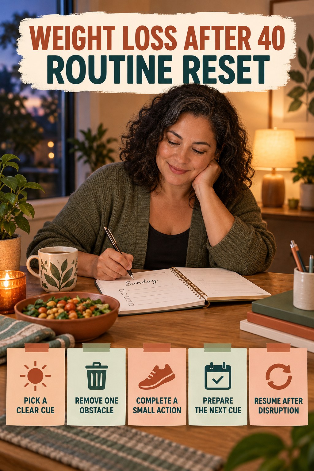Healthy Habit Reset for Weight Loss After 40 with five readable routine-reset cues and a realistic board-relevant wellness scene.