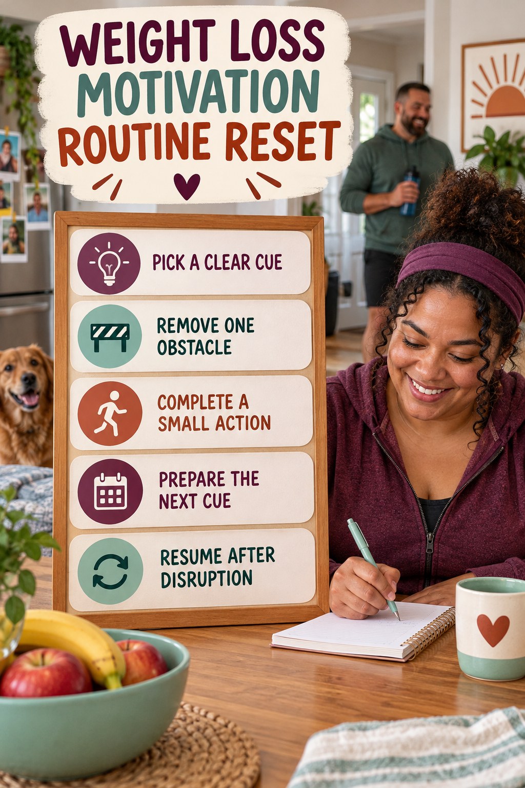 Healthy Habit Reset for Weight Loss Motivation with five readable routine-reset cues and a realistic board-relevant wellness scene.