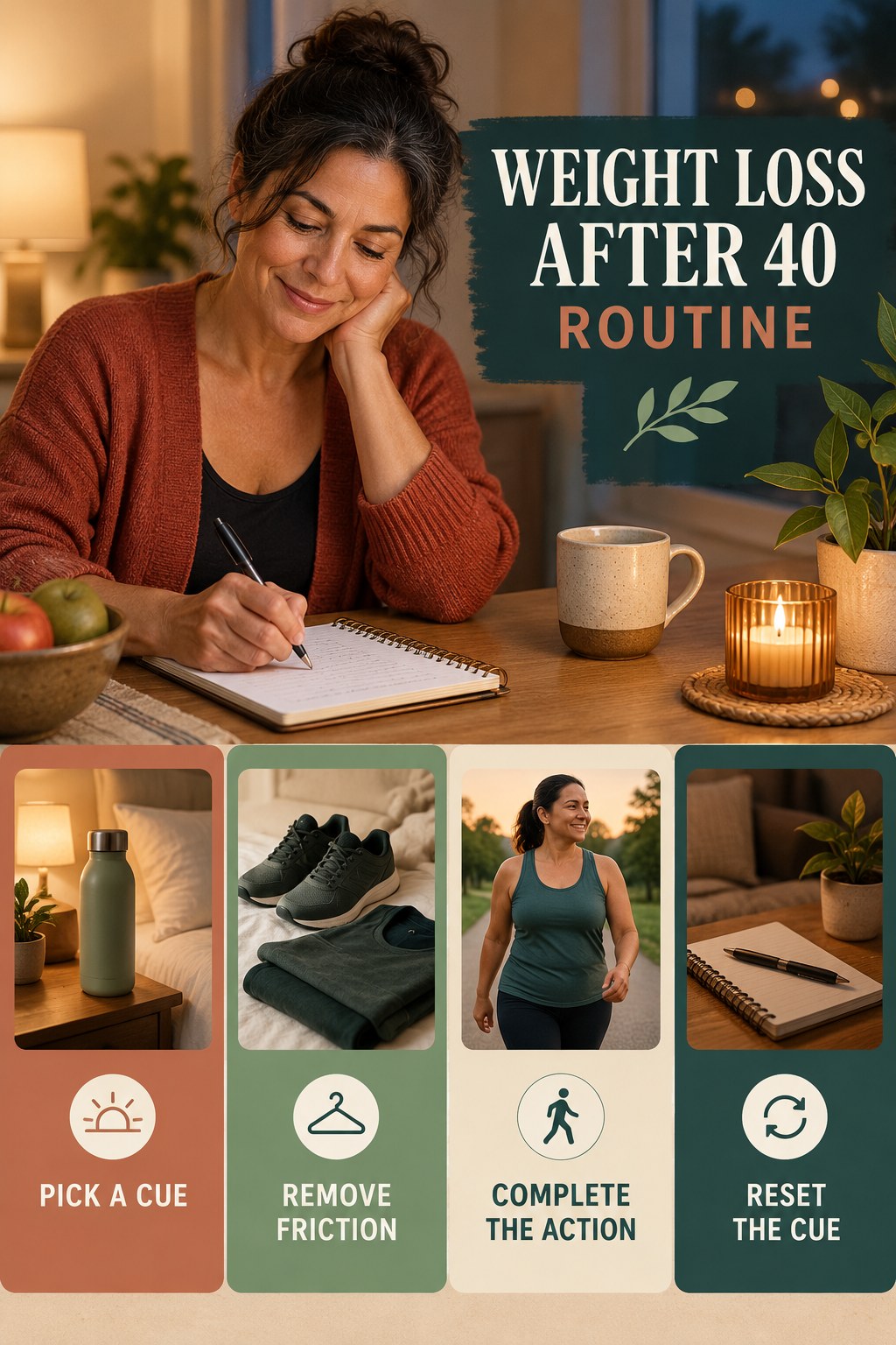 Healthy Habit Wellness Routine for Weight Loss After 40 with four readable routine cues and a realistic board-relevant wellness scene.