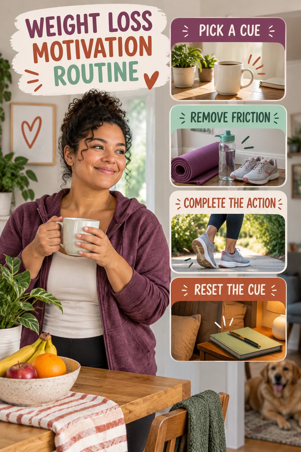 Healthy Habit Wellness Routine for Weight Loss Motivation with four readable routine cues and a realistic board-relevant wellness scene.