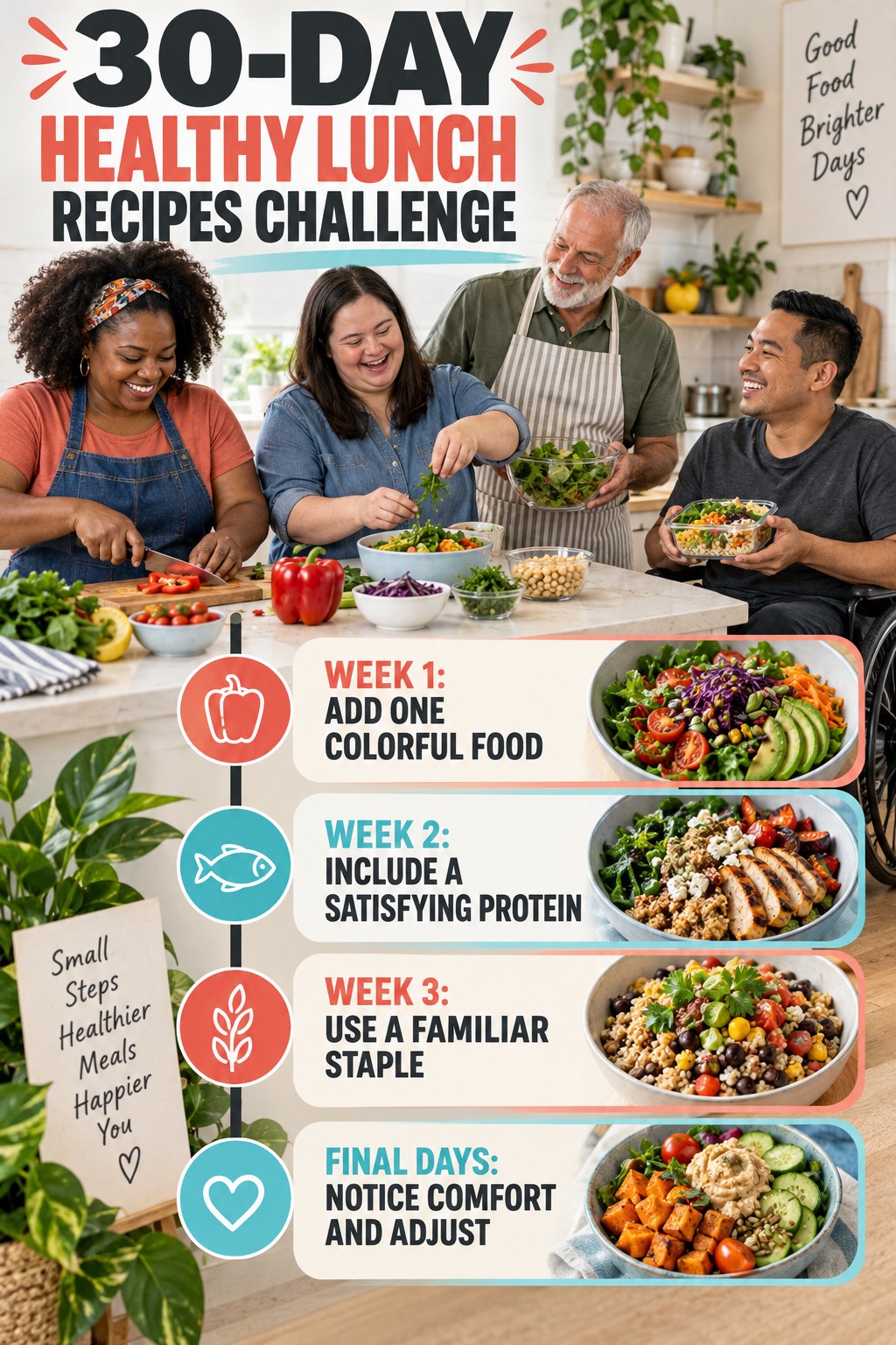 30-day Healthy Lunch Recipes challenge graphic showing four manageable milestones for consistent practice.