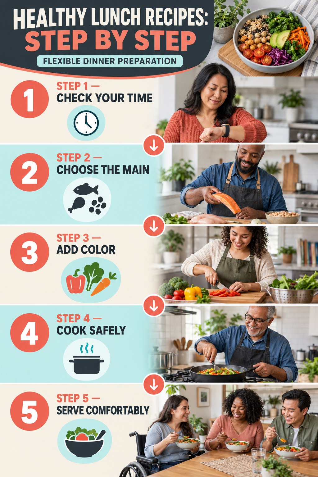 Healthy Lunch Recipes step-by-step graphic showing five numbered stages for flexible dinner preparation.