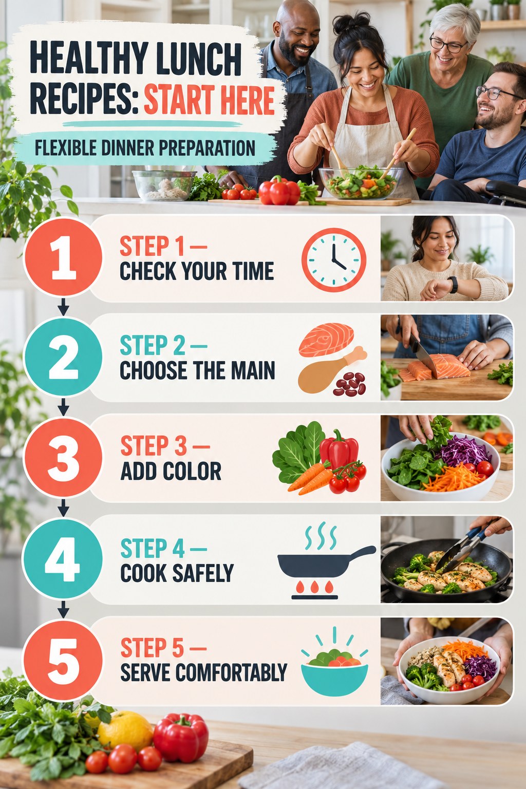 Healthy Lunch Recipes beginner guide graphic showing five manageable stages for flexible dinner preparation.
