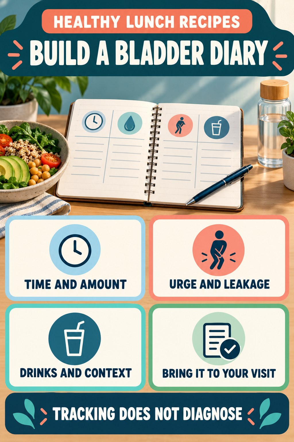 Build a Clear Bladder Diary urinary symptom tracking infographic for Healthy Lunch Recipes with four practical diary points and a non-diagnostic reminder.