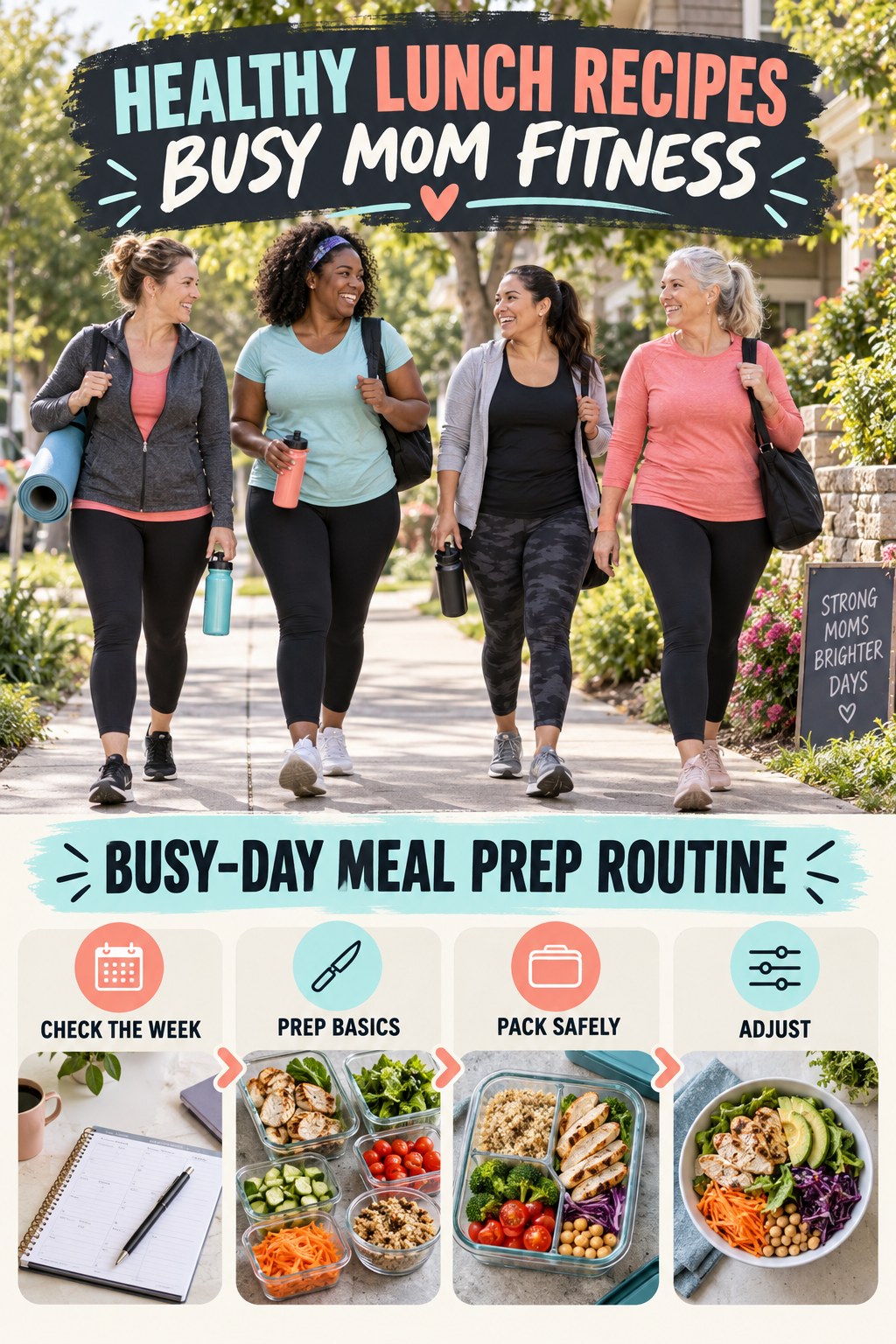 Healthy Lunch Recipes busy-mom fitness graphic titled Busy-Day Meal Prep Routine with four practical movement prompts.