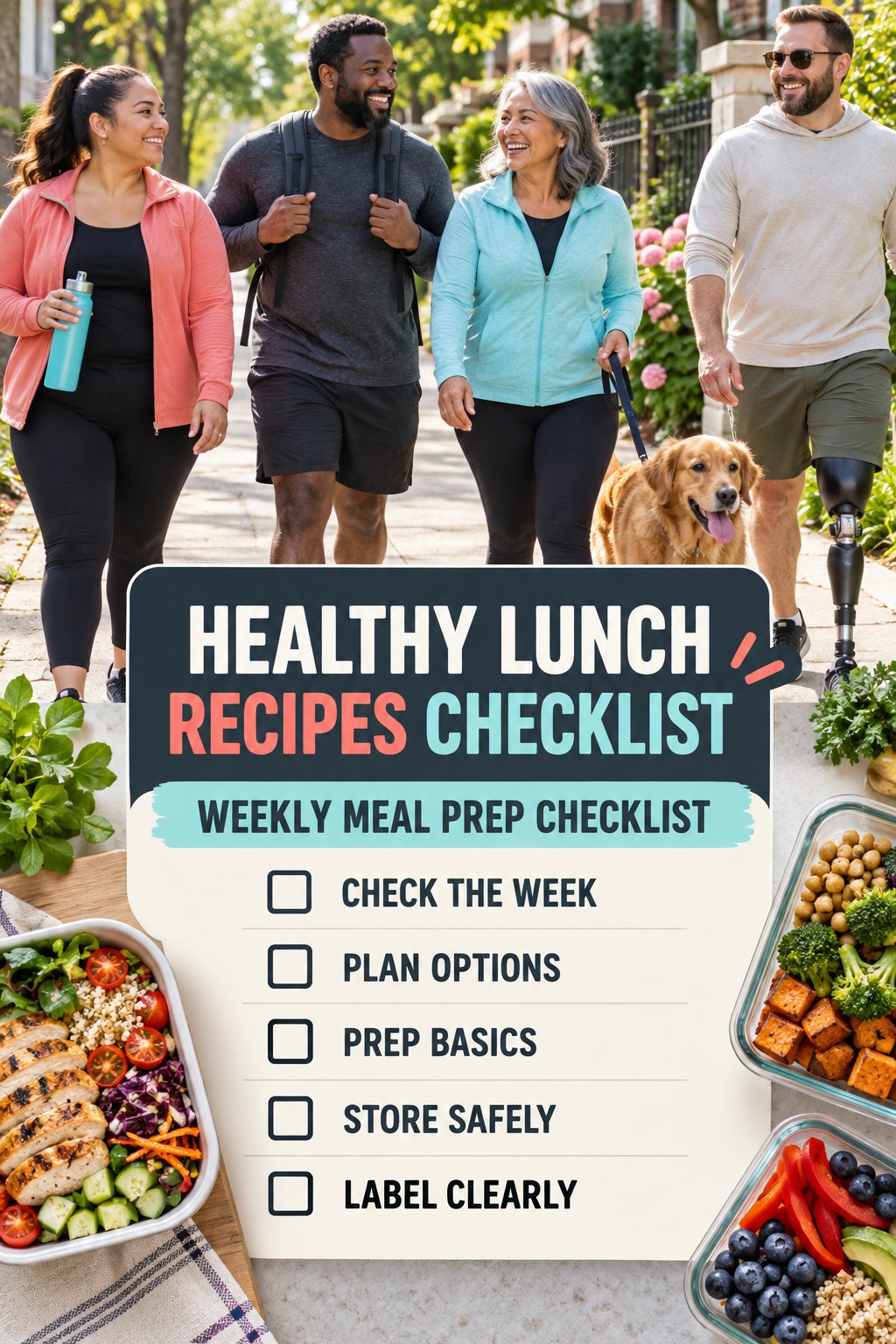 Healthy Lunch Recipes checklist graphic titled Weekly Meal Prep Checklist with five clear practical wellness items.