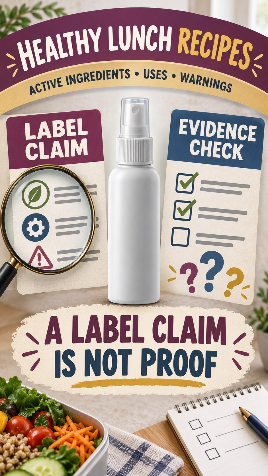 Claim Versus Evidence Review infographic for Healthy Lunch Recipes, showing a generic spray-label checklist that separates available facts, missing details, and evidence questions.