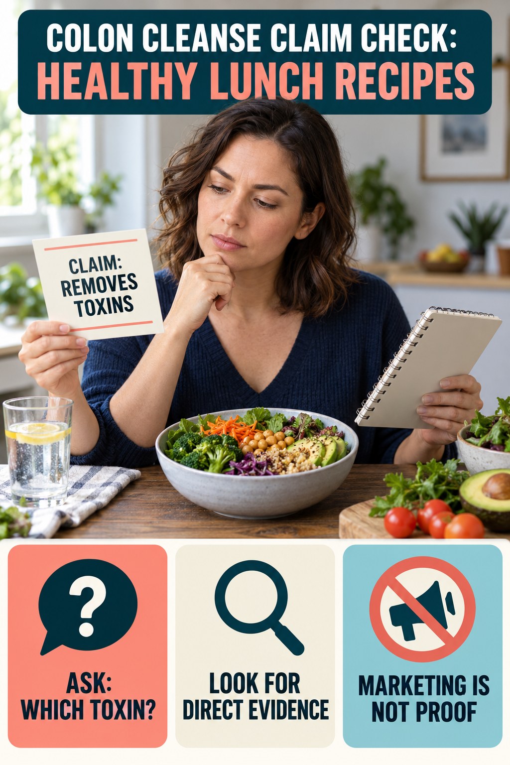 Undefined Toxin Claims infographic for Healthy Lunch Recipes, separating a colon-cleanse marketing claim from evidence, reasonable conclusions, and safety context.